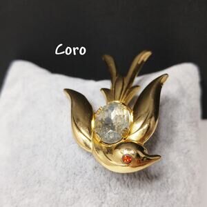 Coro Pegasus Bird Brooch, Clear Faceted Rhinestone Red Eye 1940s Vintage Jewelry